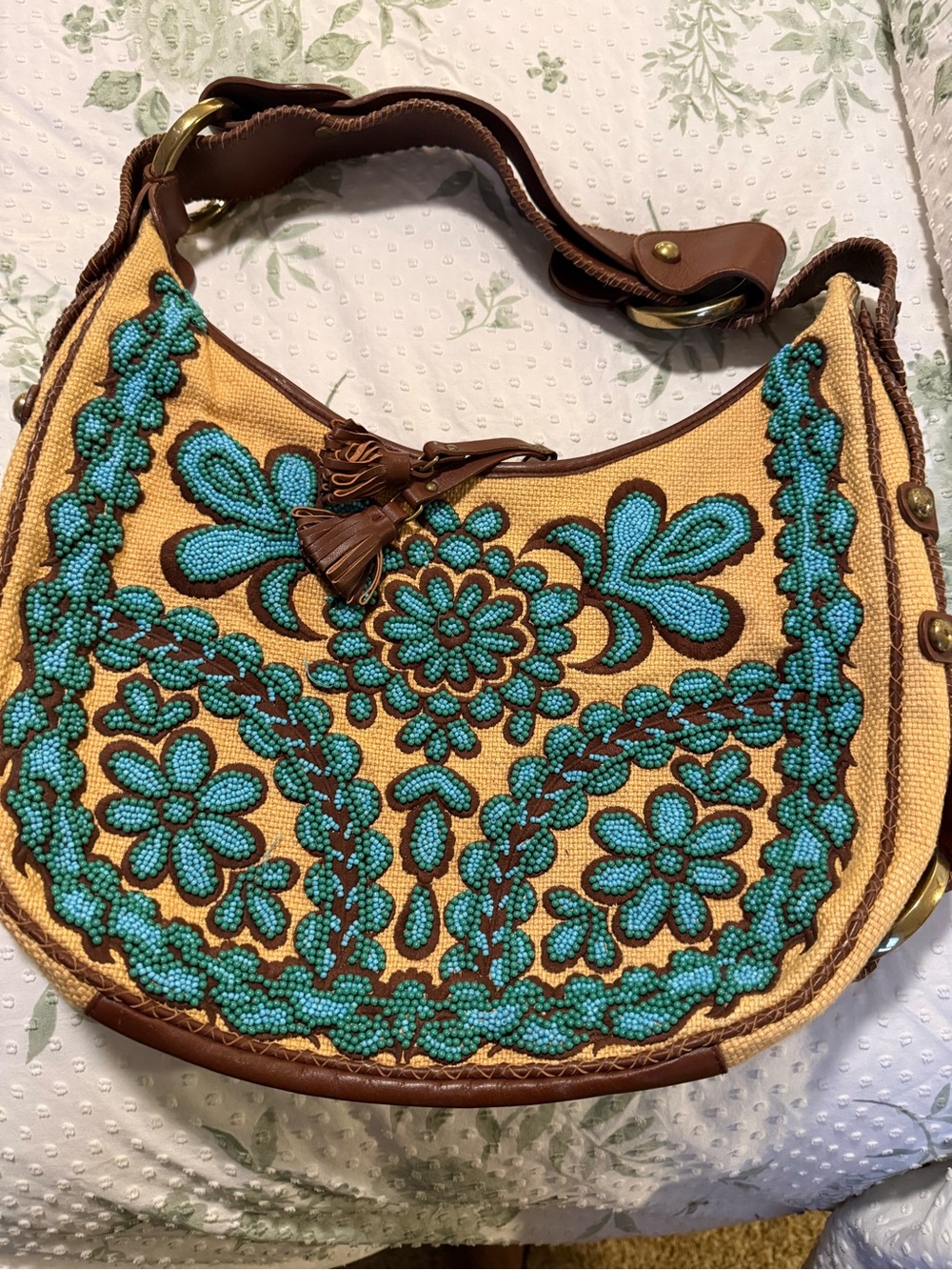 Isabella Fiore Turquoise Beaded Floral Hobo with Brown Trim and Tassel